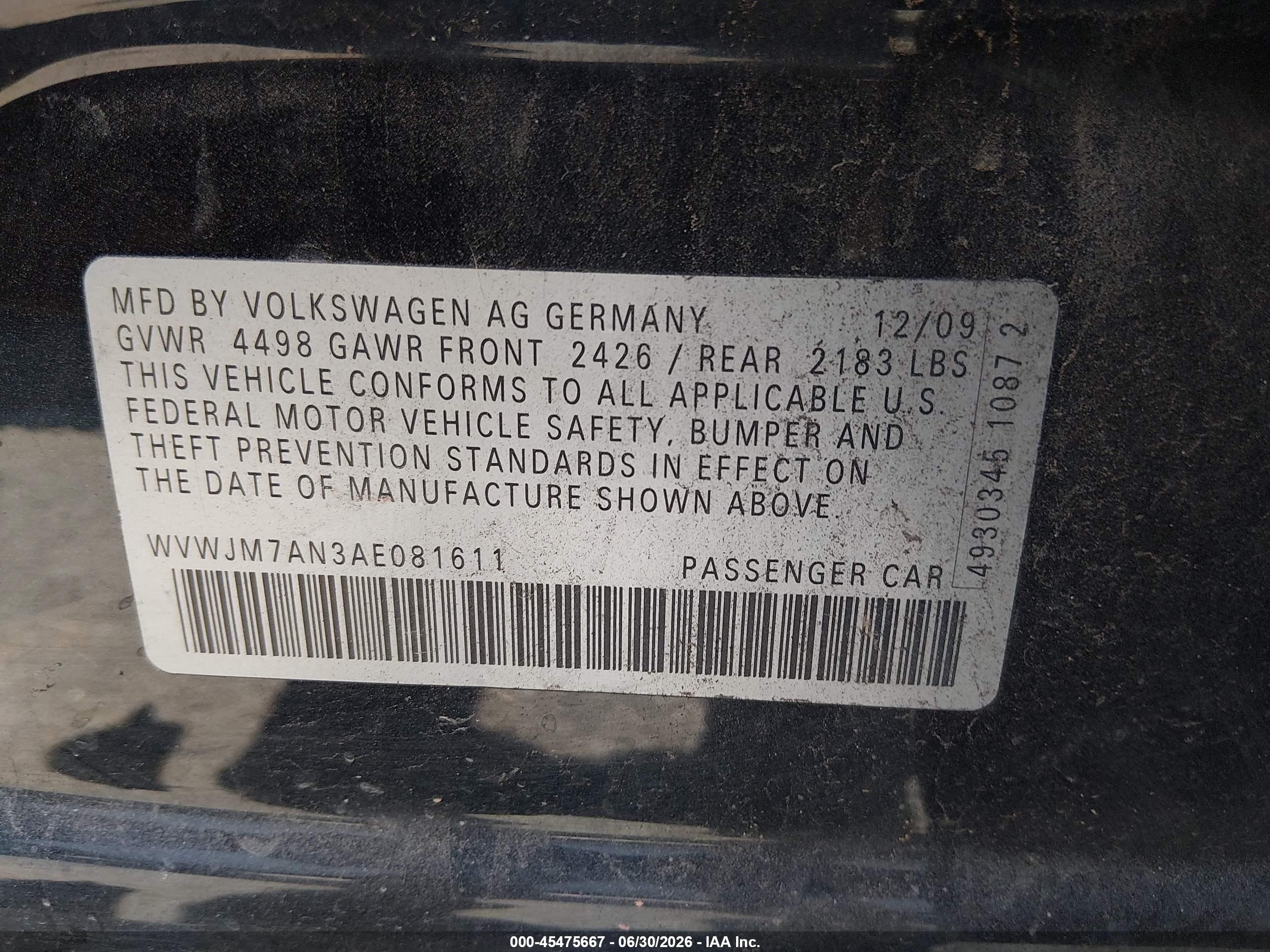 2010 Volkswagen Passat Komfort Black vin: WVWJM7AN3AE081611