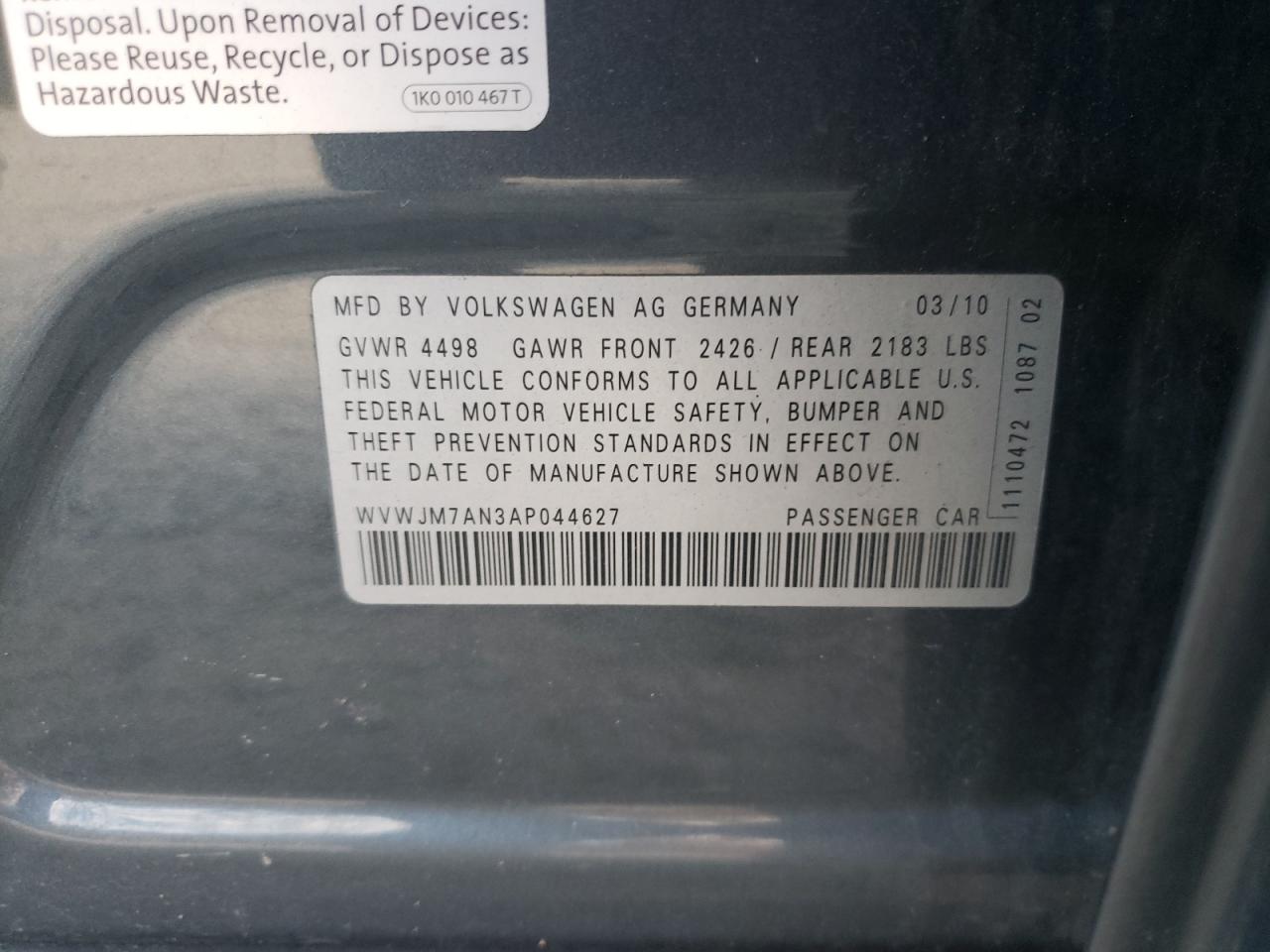 2010 Volkswagen Passat Komfort Gray vin: WVWJM7AN3AP044627