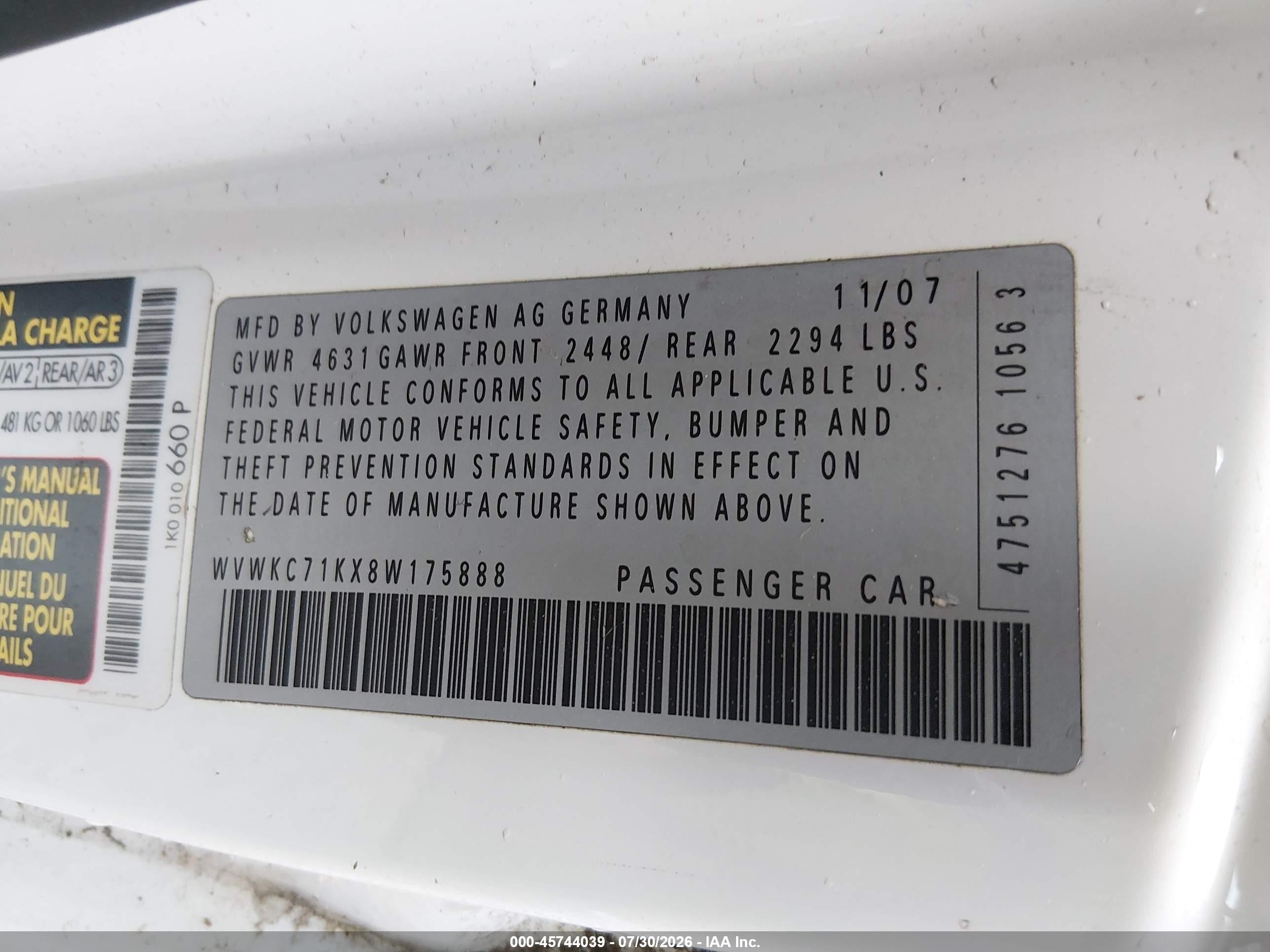 2008 Volkswagen R32   White vin: WVWKC71KX8W175888