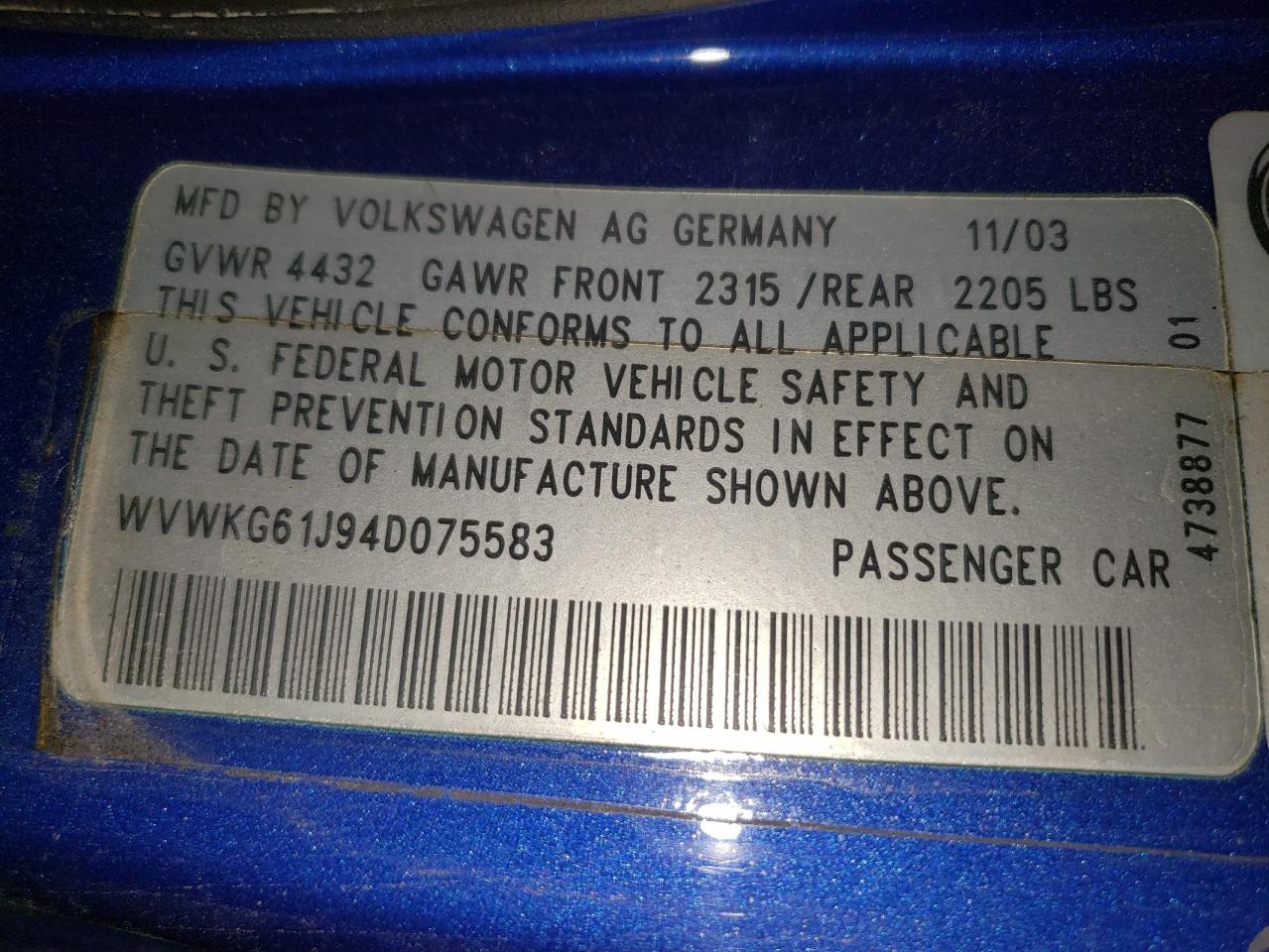 2004 Volkswagen R32 Синий vin: WVWKG61J94D075583
