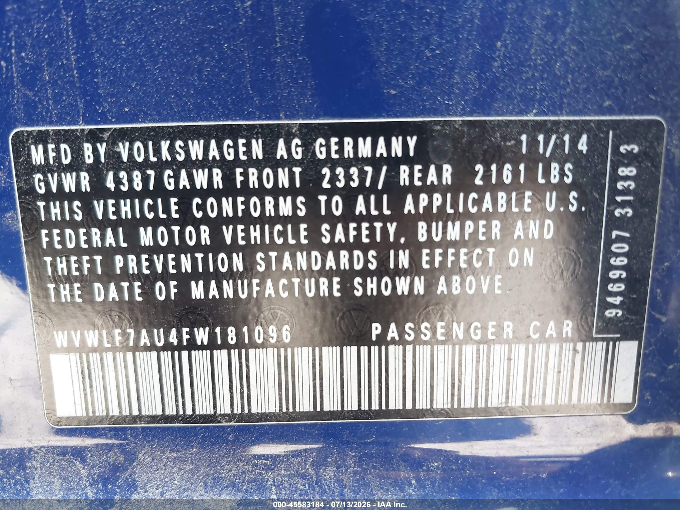 2015 Volkswagen Golf R 4-door Blue vin: WVWLF7AU4FW181096