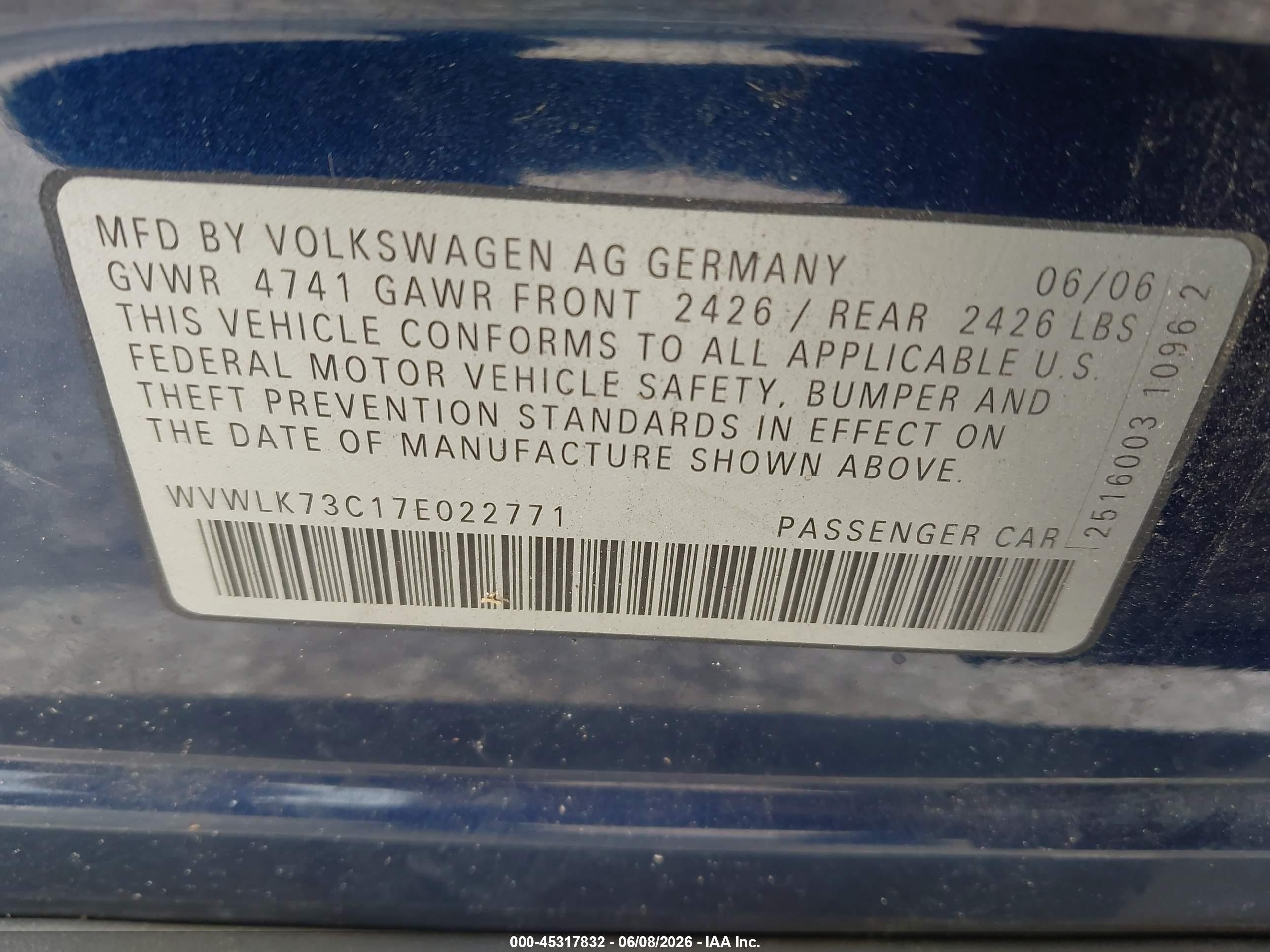 2007 Volkswagen Passat 2.0t Blue vin: WVWLK73C17E022771