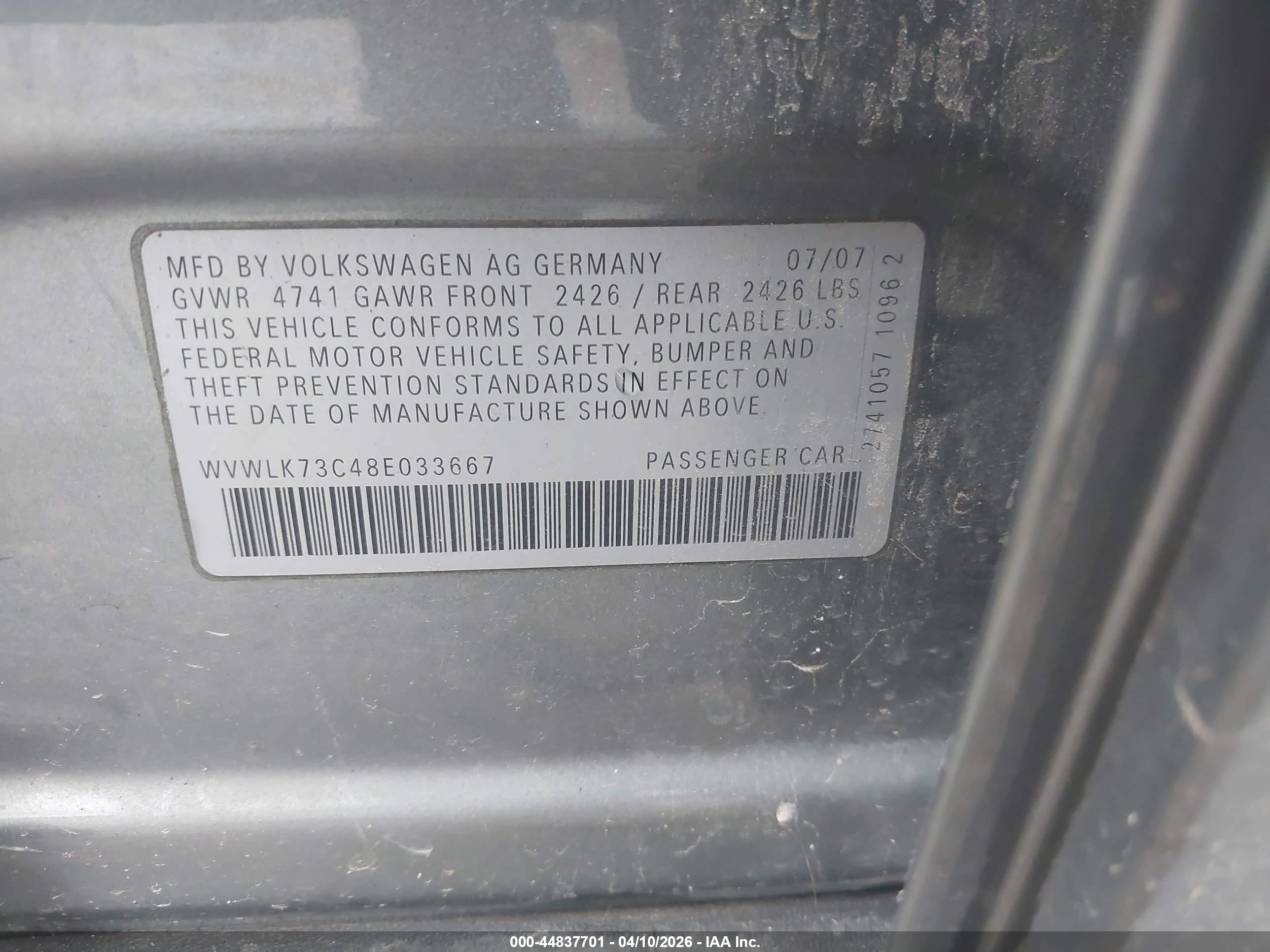 2008 Volkswagen Passat Komfort Gray vin: WVWLK73C48E033667