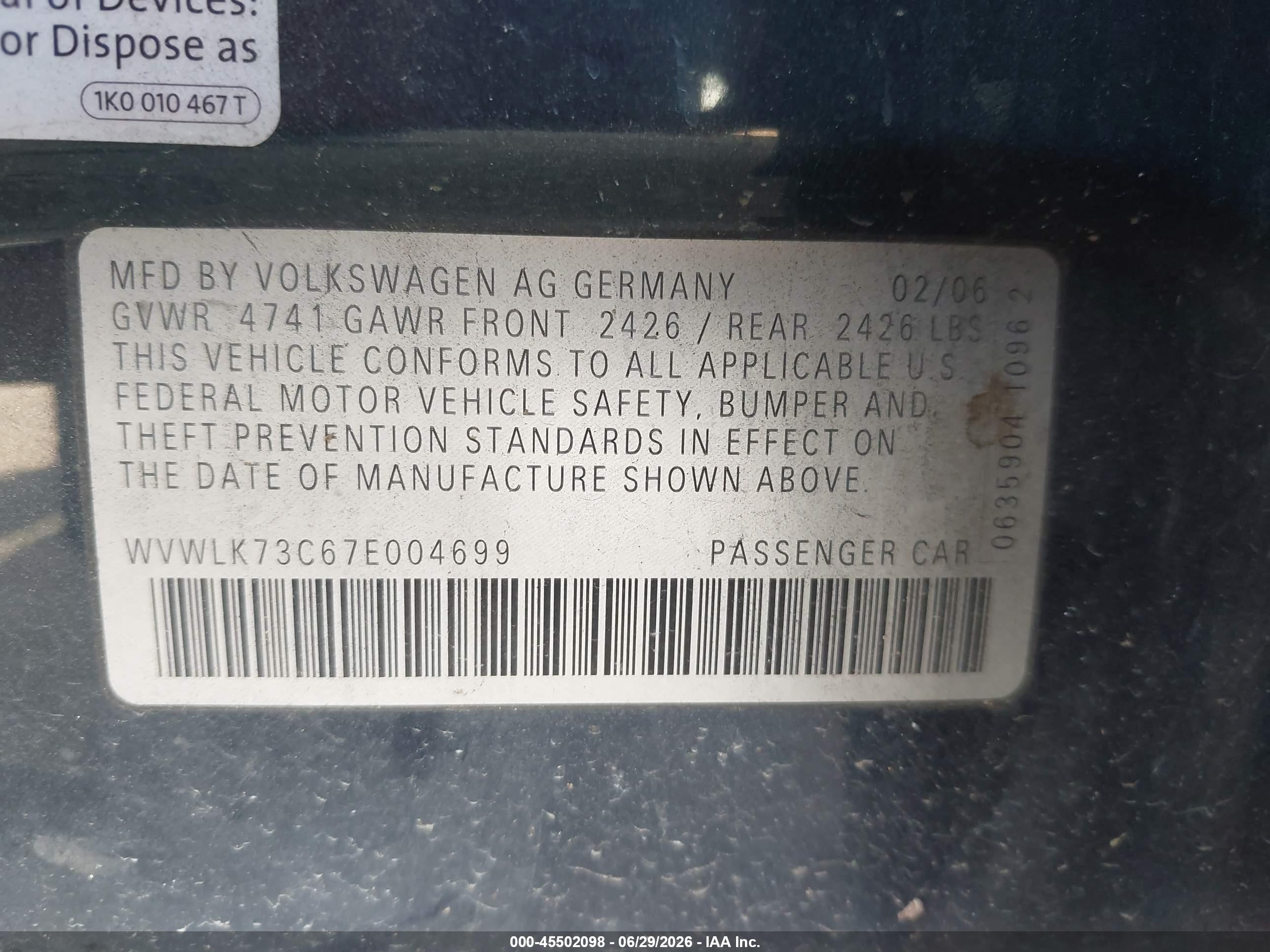 2007 Volkswagen Passat 2.0t Gray vin: WVWLK73C67E004699