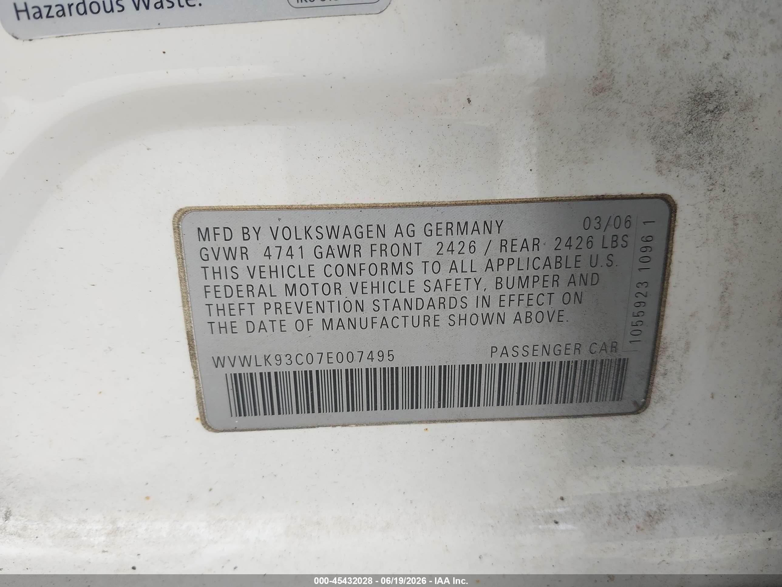 2007 Volkswagen Passat 2.0t White vin: WVWLK93C07E007495