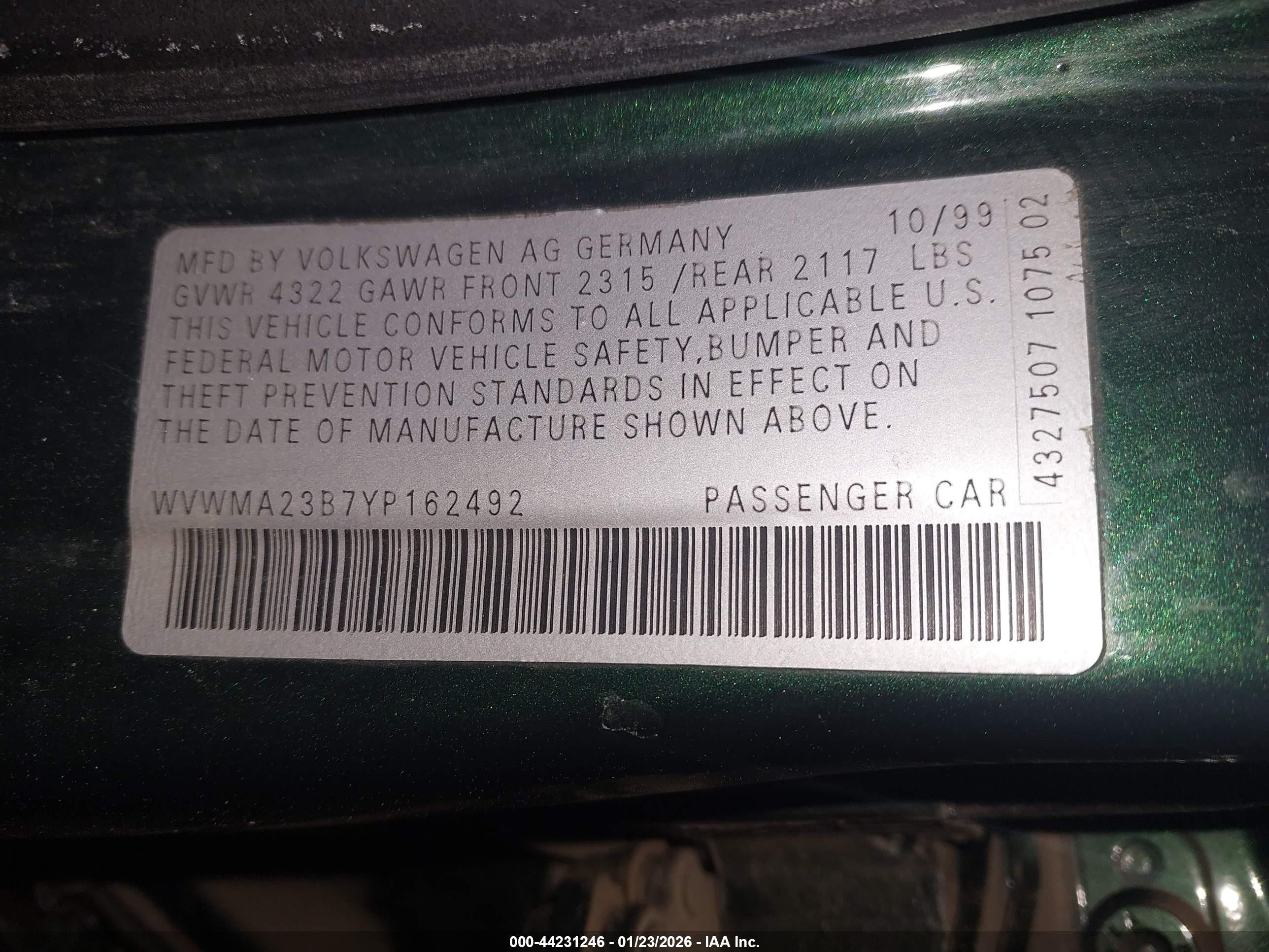 2000 Volkswagen Passat Gls Зеленый vin: WVWMA23B7YP162492