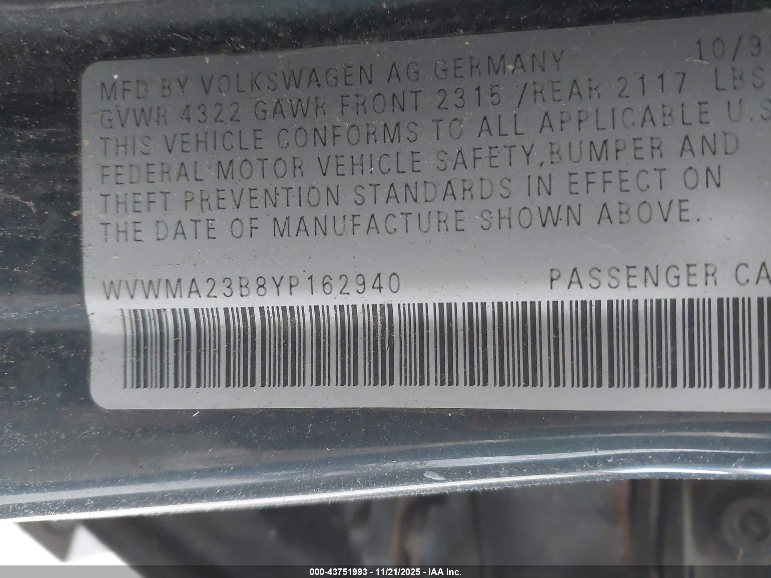 2000 Volkswagen Passat Gls Синий vin: WVWMA23B8YP162940