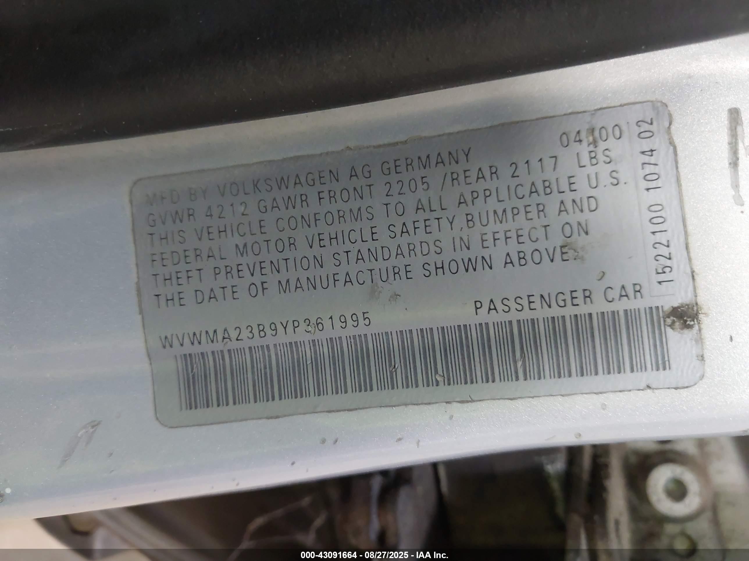2000 Volkswagen Passat Gls Серебряный vin: WVWMA23B9YP361995