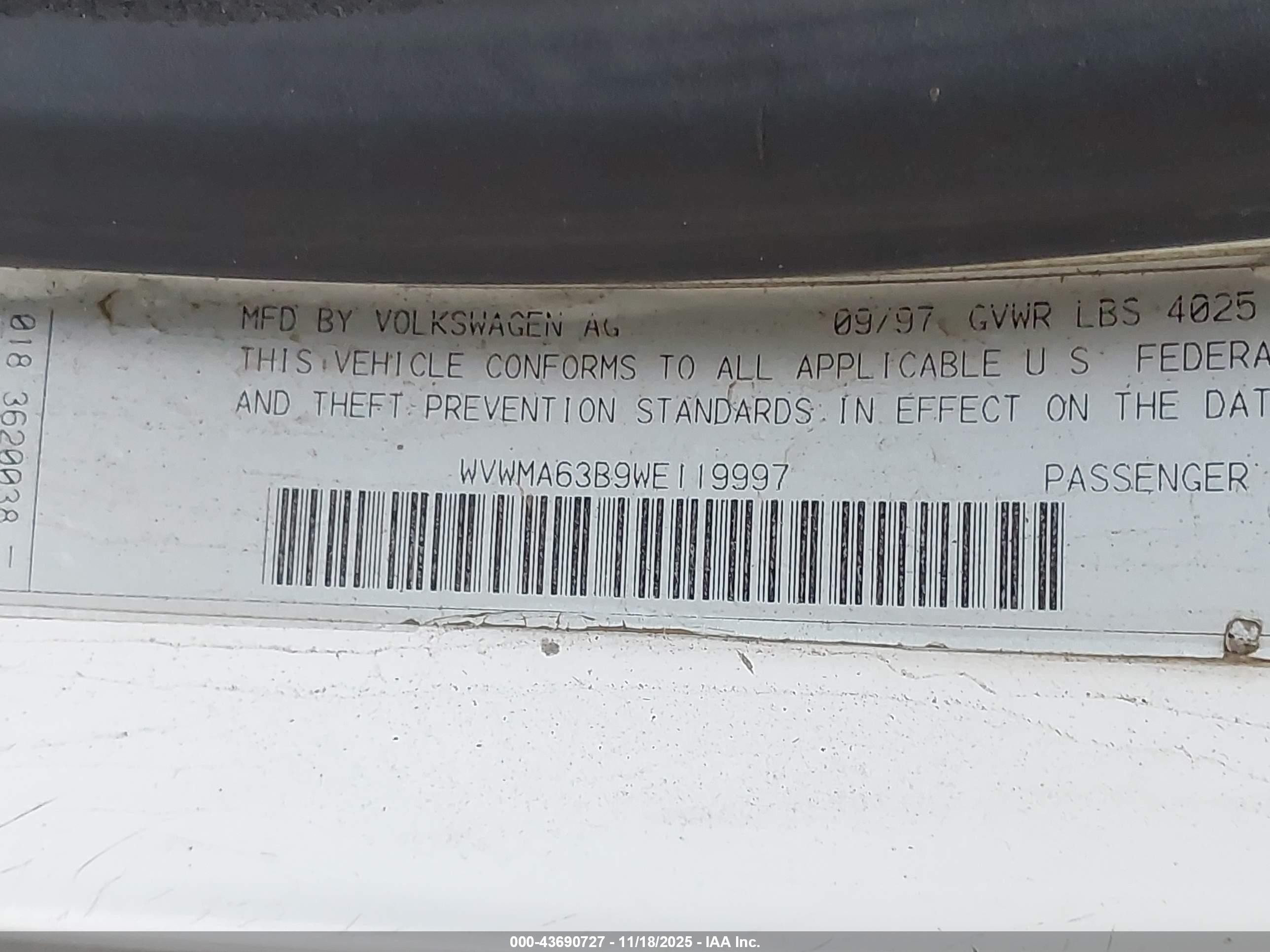 1998 Volkswagen Passat Gls White vin: WVWMA63B9WE119997