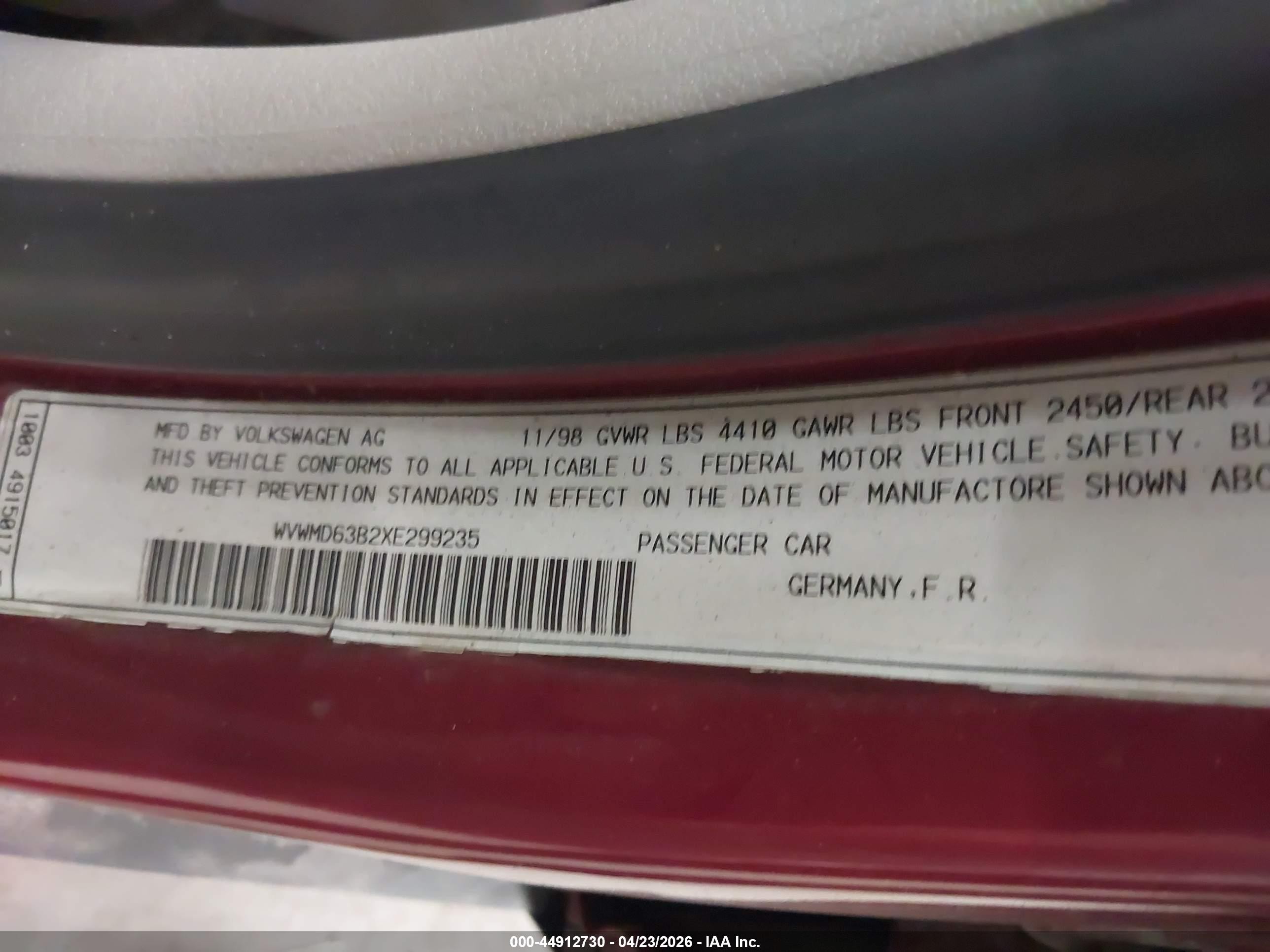1999 Volkswagen Passat Gls V6 Burgundy vin: WVWMD63B2XE299235