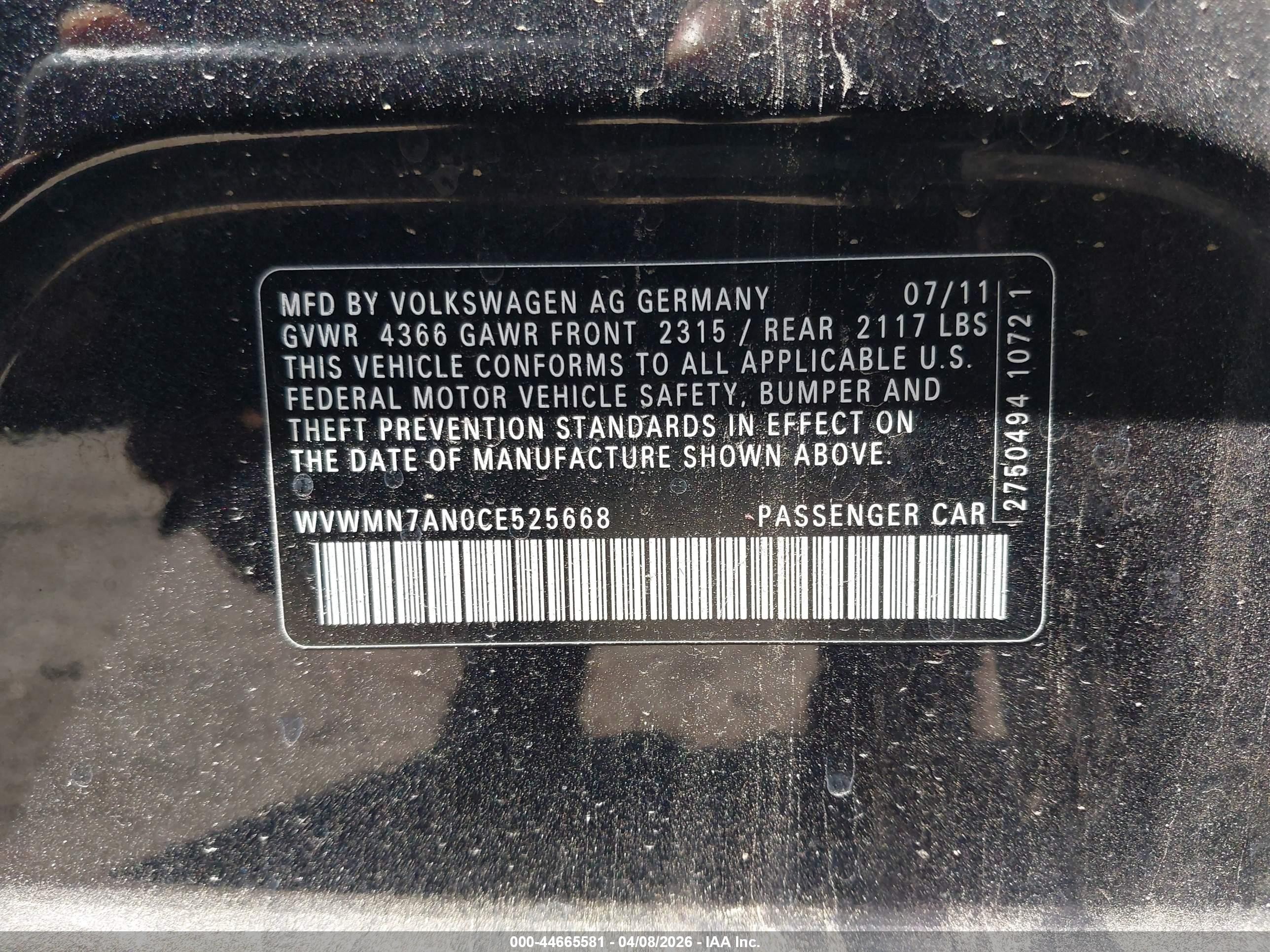 2012 Volkswagen Cc Sport Черный vin: WVWMN7AN0CE525668