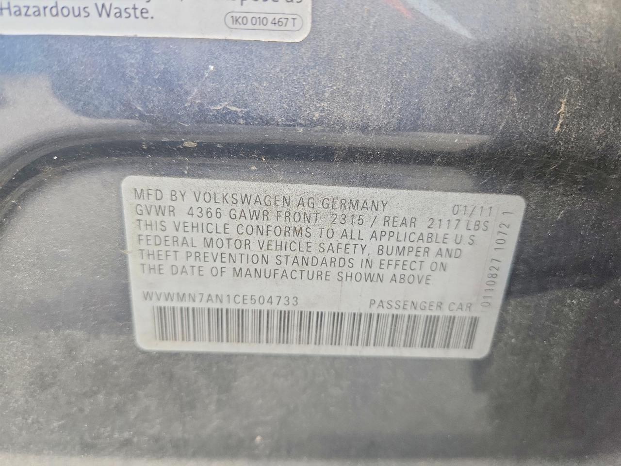 2012 Volkswagen Cc Sport Угольный vin: WVWMN7AN1CE504733