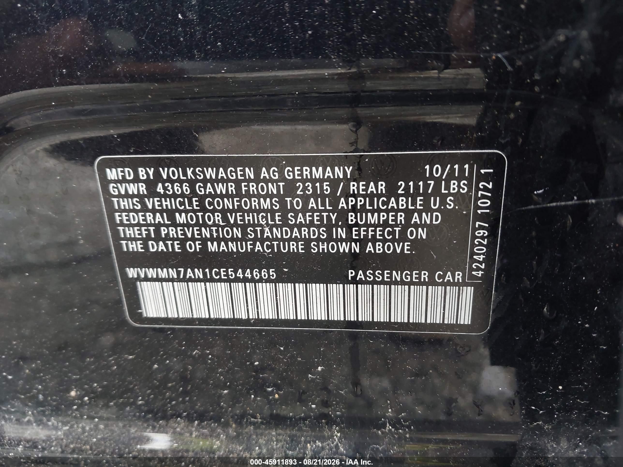 2012 Volkswagen Cc Sport Black vin: WVWMN7AN1CE544665