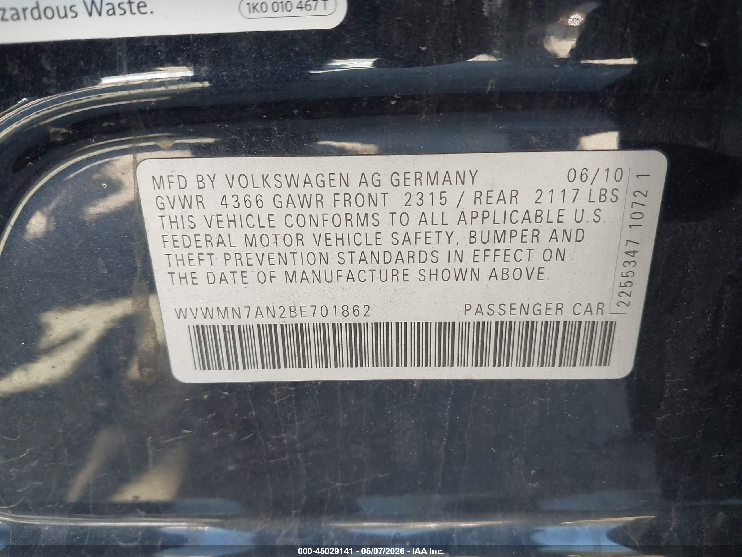 2011 Volkswagen Cc Sport Black vin: WVWMN7AN2BE701862