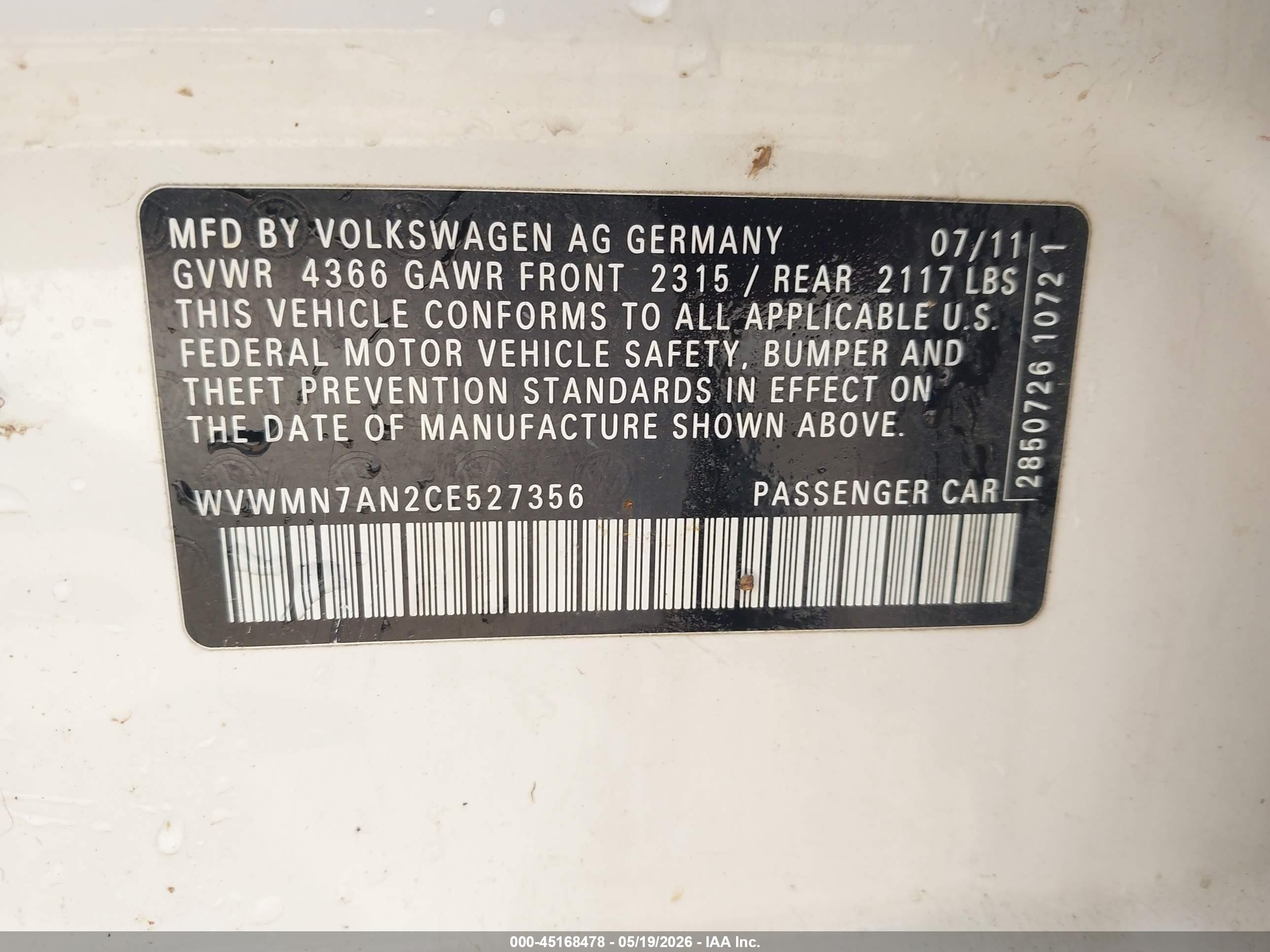 2012 Volkswagen Cc Sport White vin: WVWMN7AN2CE527356