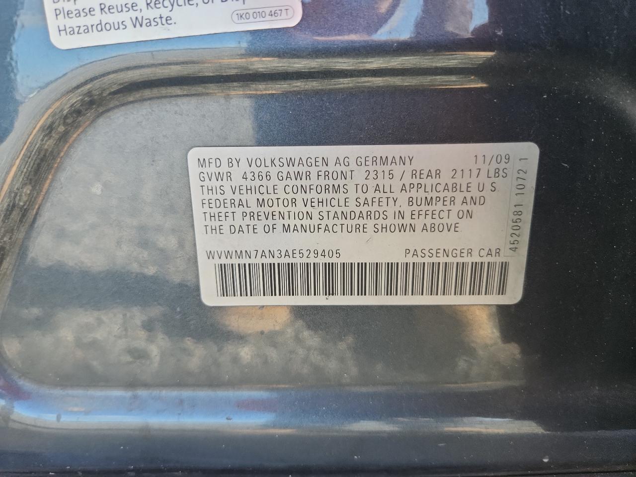 2010 Volkswagen Cc Sport Blue vin: WVWMN7AN3AE529405