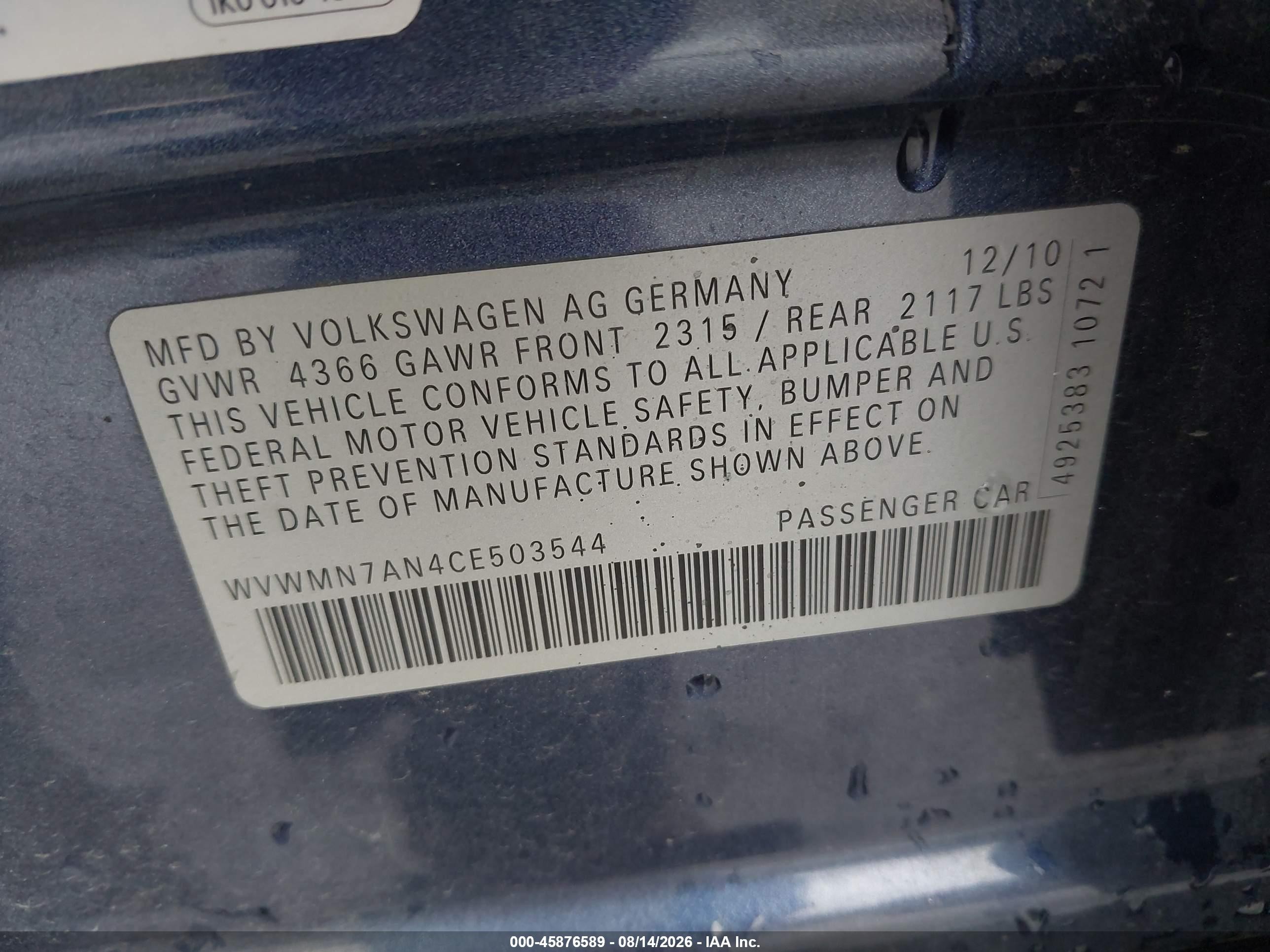 2012 Volkswagen Cc   Blue vin: WVWMN7AN4CE503544