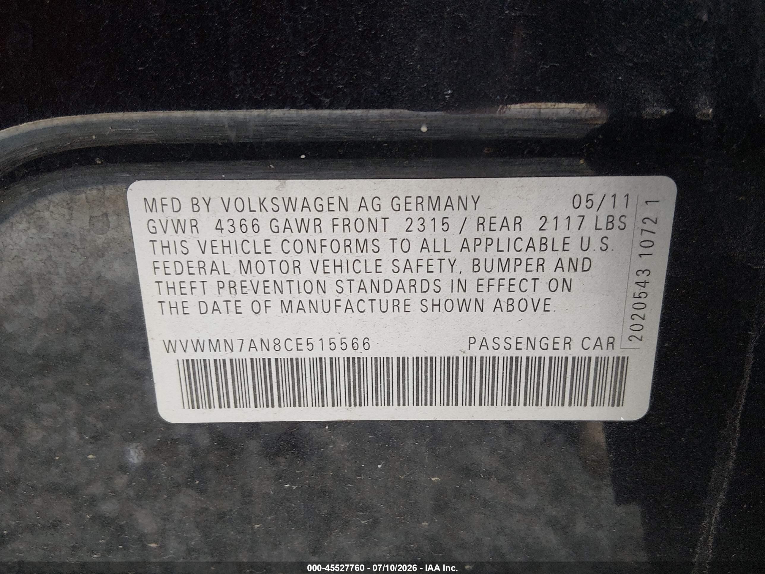 2012 Volkswagen Cc Sport Black vin: WVWMN7AN8CE515566