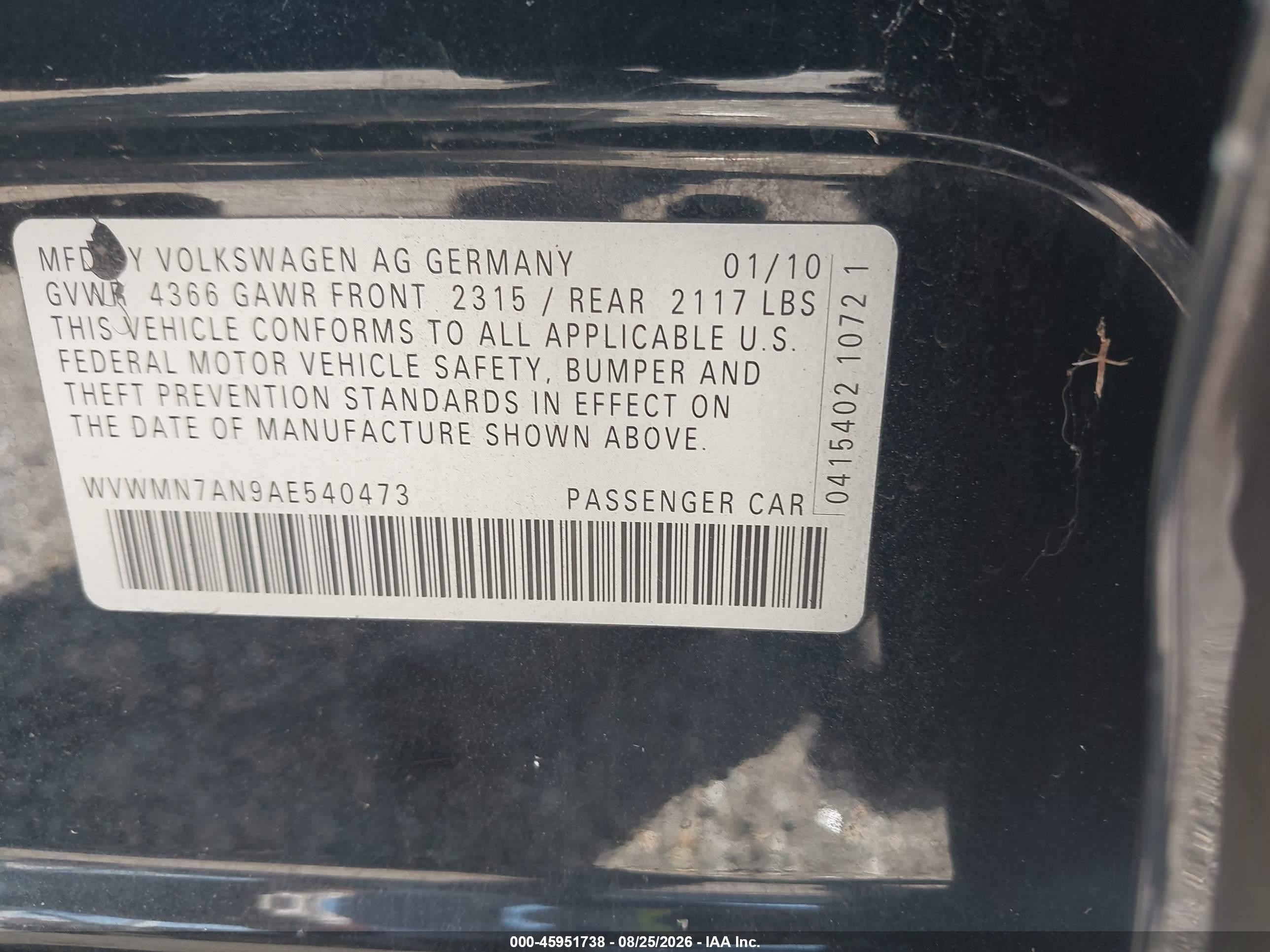 2010 Volkswagen Cc Sport Black vin: WVWMN7AN9AE540473