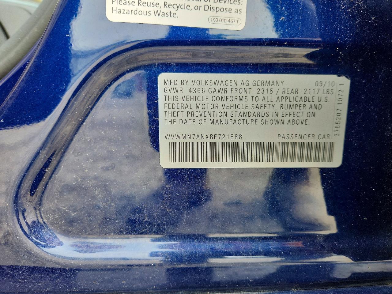 2011 Volkswagen Cc Sport Blue vin: WVWMN7ANXBE721888