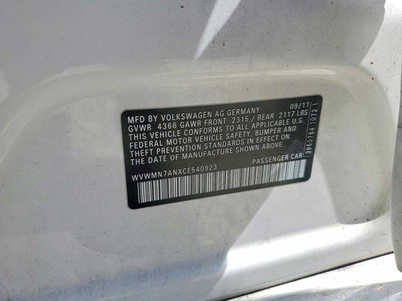 2012 Volkswagen Cc Sport White vin: WVWMN7ANXCE540923