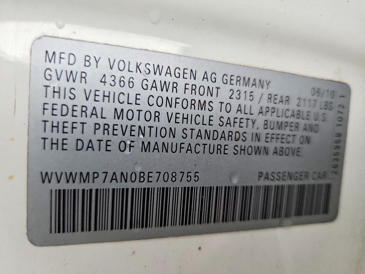2011 Volkswagen Cc Sport White vin: WVWMP7AN0BE708755
