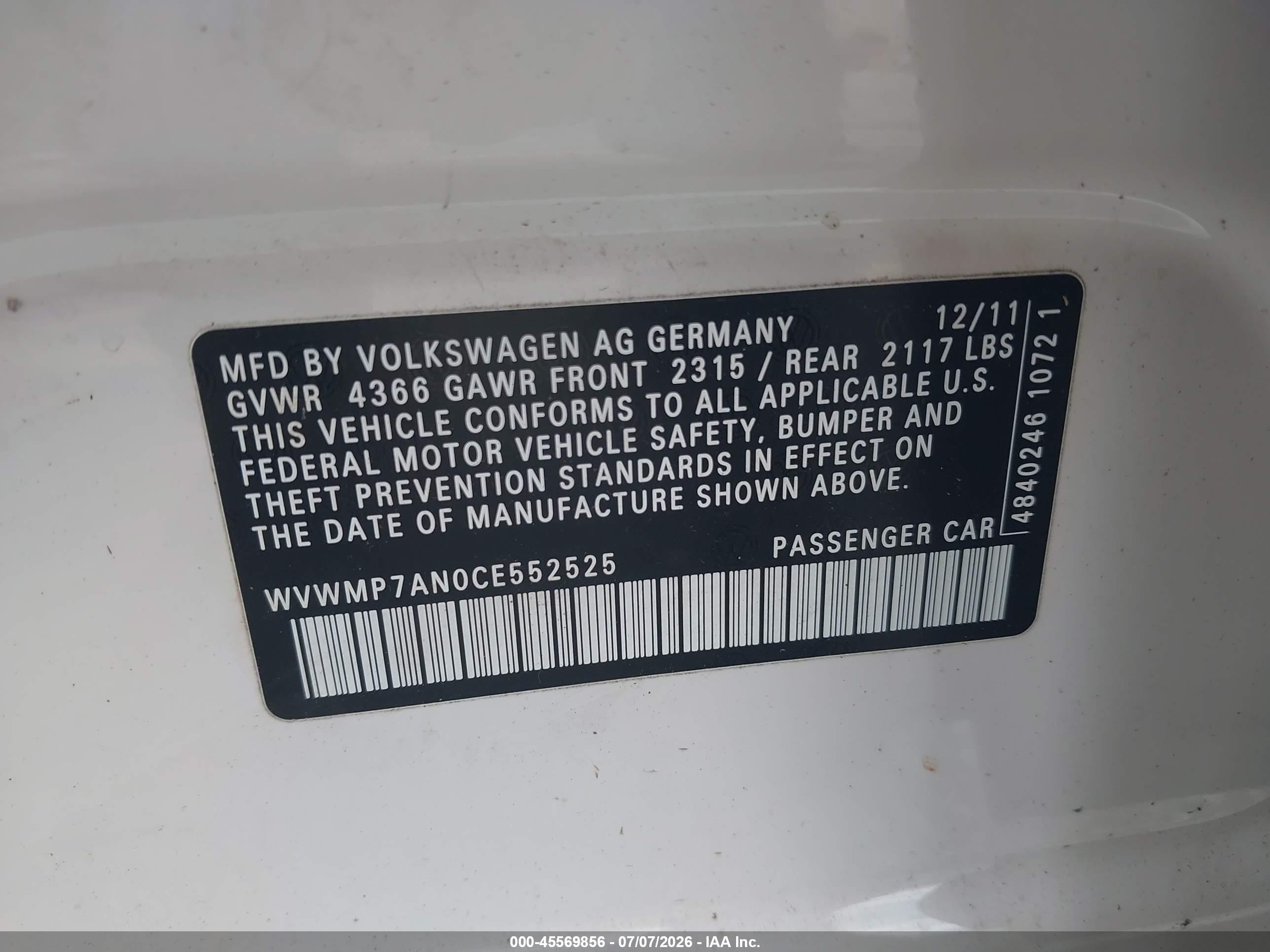 2012 Volkswagen Cc R-line White vin: WVWMP7AN0CE552525