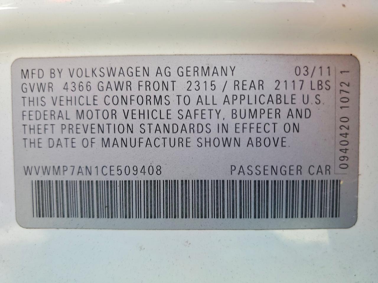 2012 Volkswagen Cc Sport White vin: WVWMP7AN1CE509408