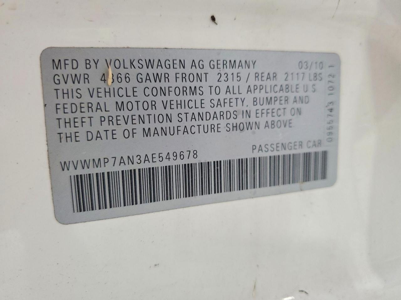 2010 Volkswagen Cc Sport White vin: WVWMP7AN3AE549678