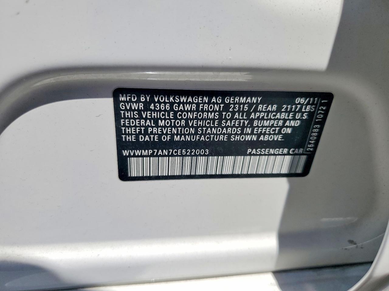2012 Volkswagen Cc Sport White vin: WVWMP7AN7CE522003