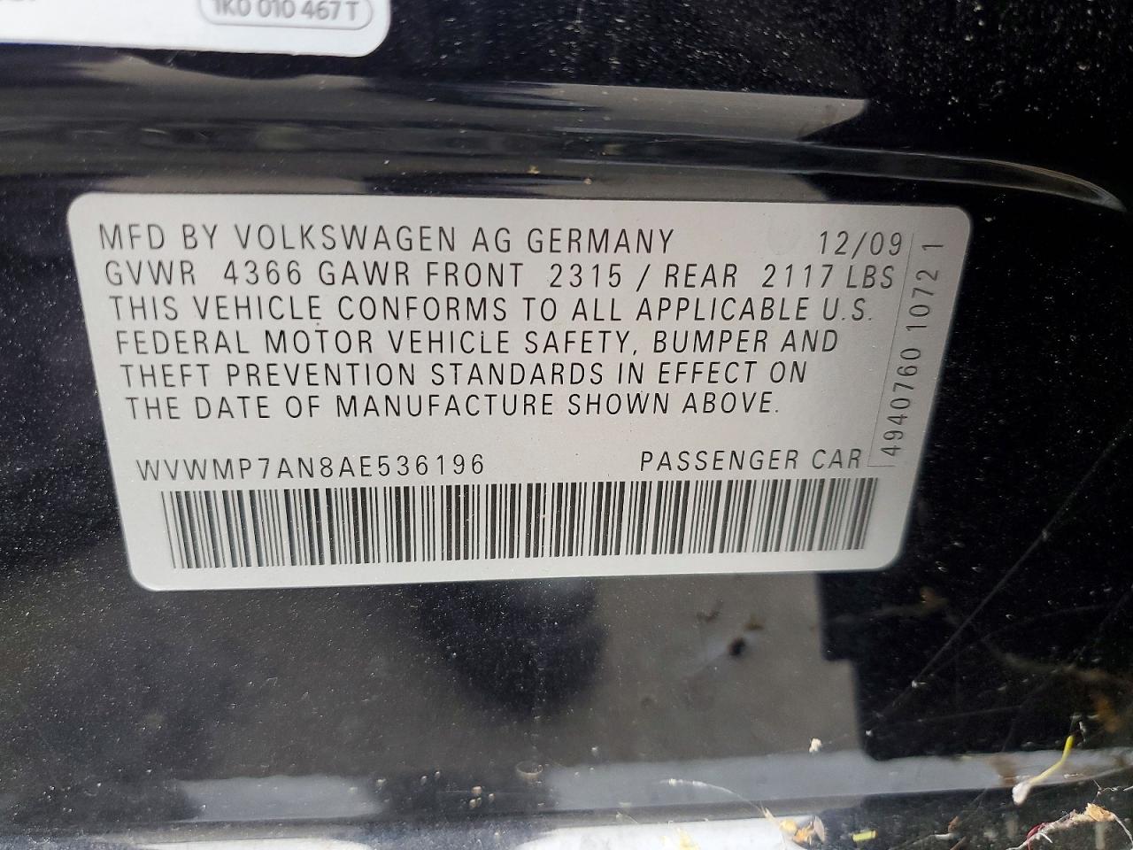 2010 Volkswagen Cc Sport Черный vin: WVWMP7AN8AE536196