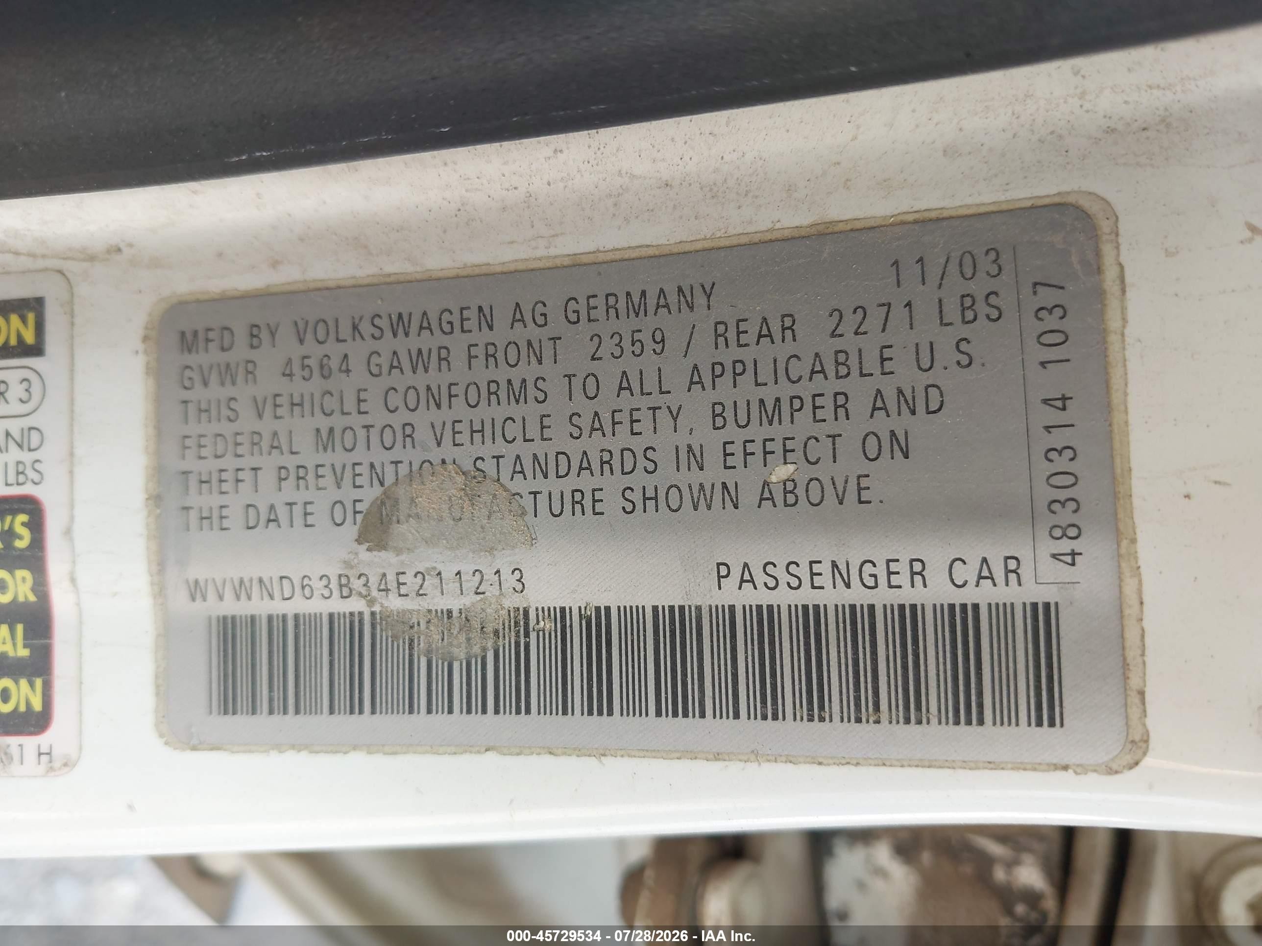 2004 Volkswagen Passat Gl White vin: WVWND63B34E211213