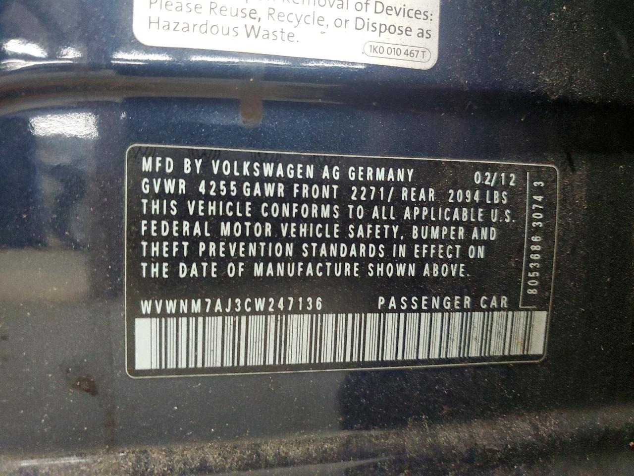 2012 Volkswagen Golf Blue vin: WVWNM7AJ3CW247136