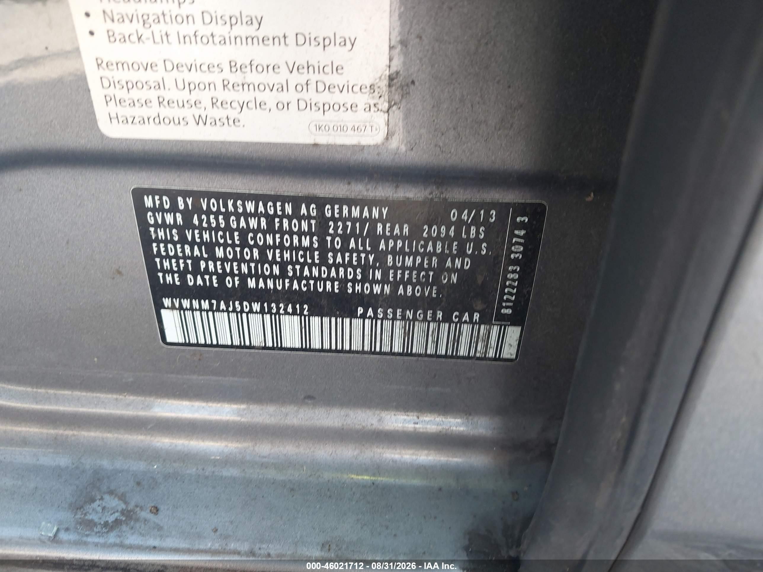 2013 Volkswagen Golf 2.0l Tdi 4-door Gray vin: WVWNM7AJ5DW132412