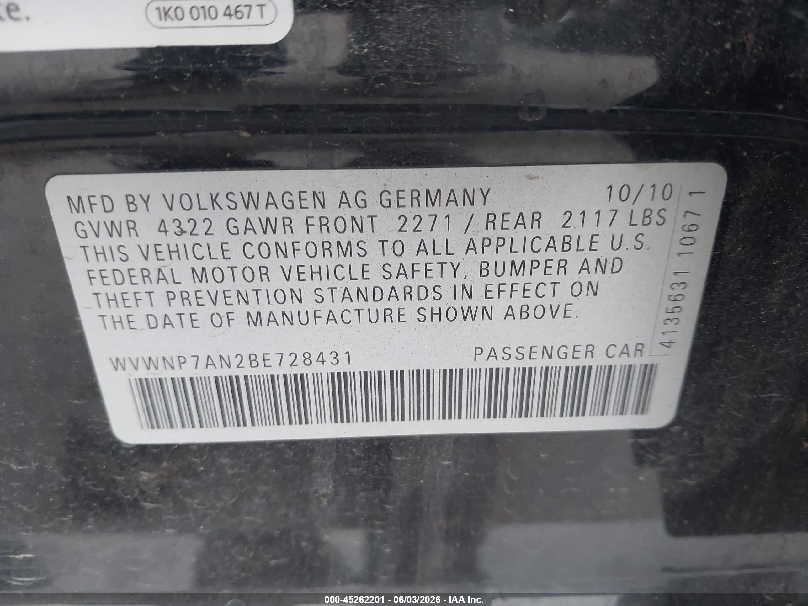 2011 Volkswagen Cc Sport Black vin: WVWNP7AN2BE728431