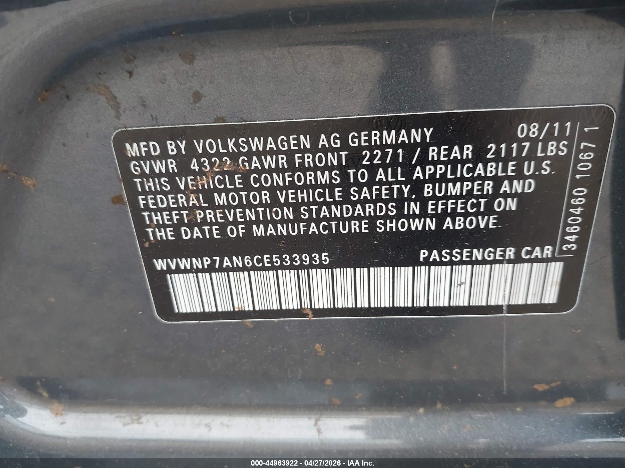 2012 Volkswagen Cc Sport Gray vin: WVWNP7AN6CE533935