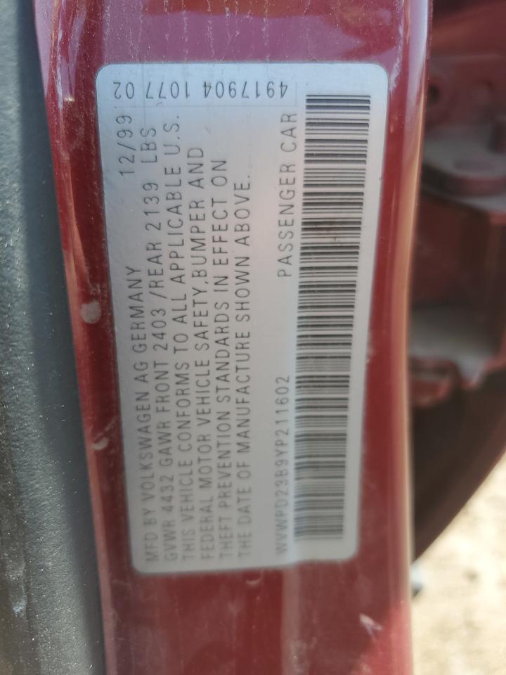 2000 Volkswagen Passat Glx Maroon vin: WVWPD23B9YP211602