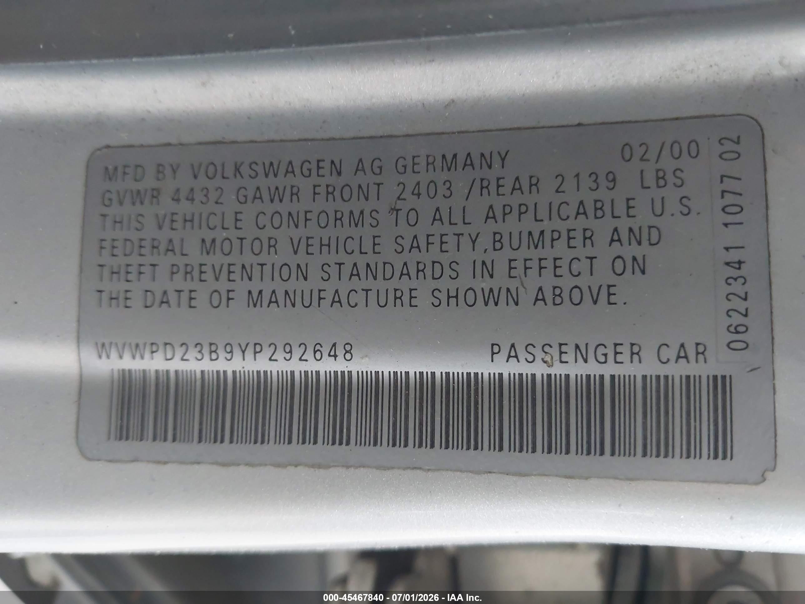 2000 Volkswagen Passat Glx Silver vin: WVWPD23B9YP292648