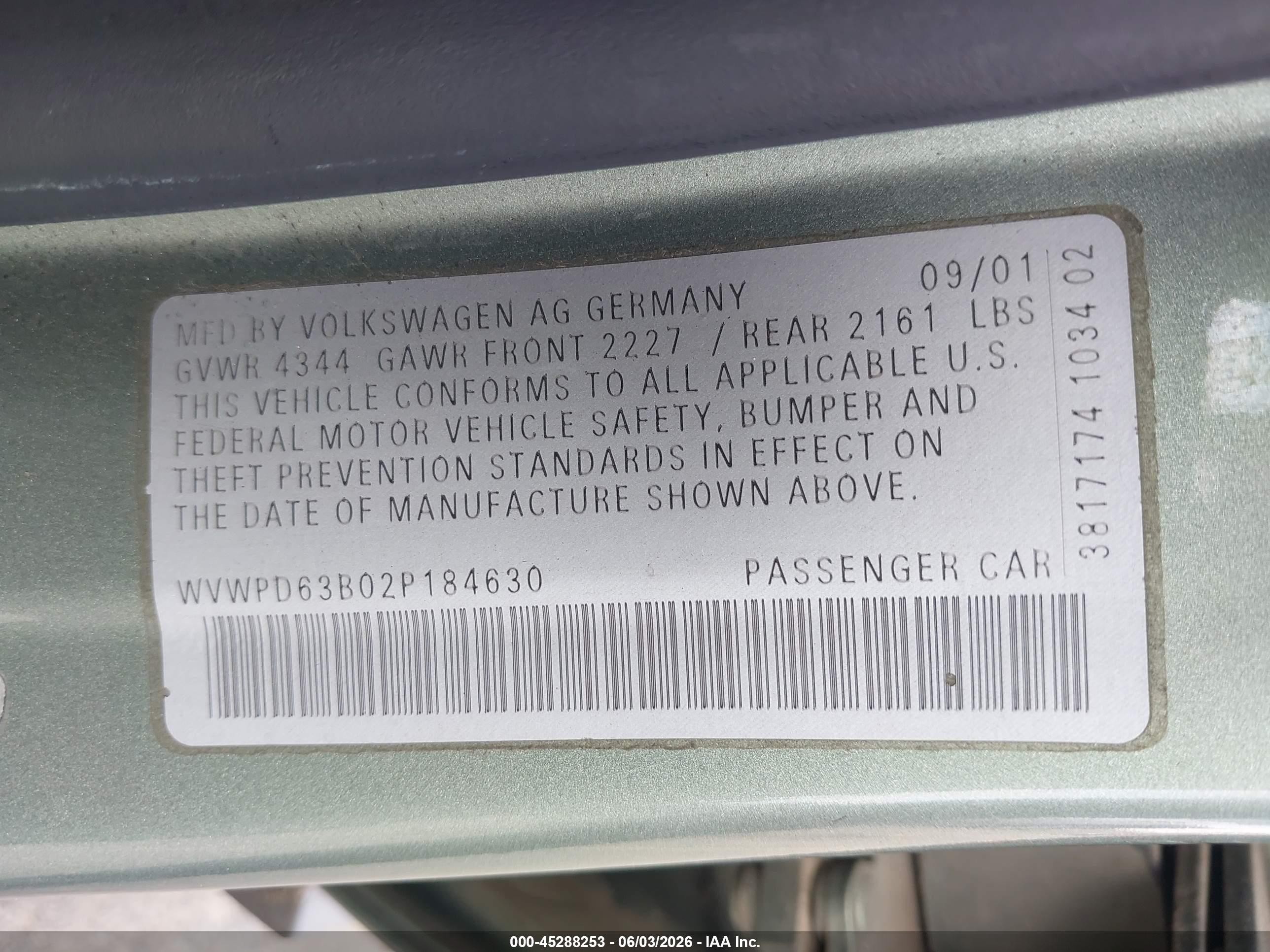2002 Volkswagen Passat Gls Green vin: WVWPD63B02P184630