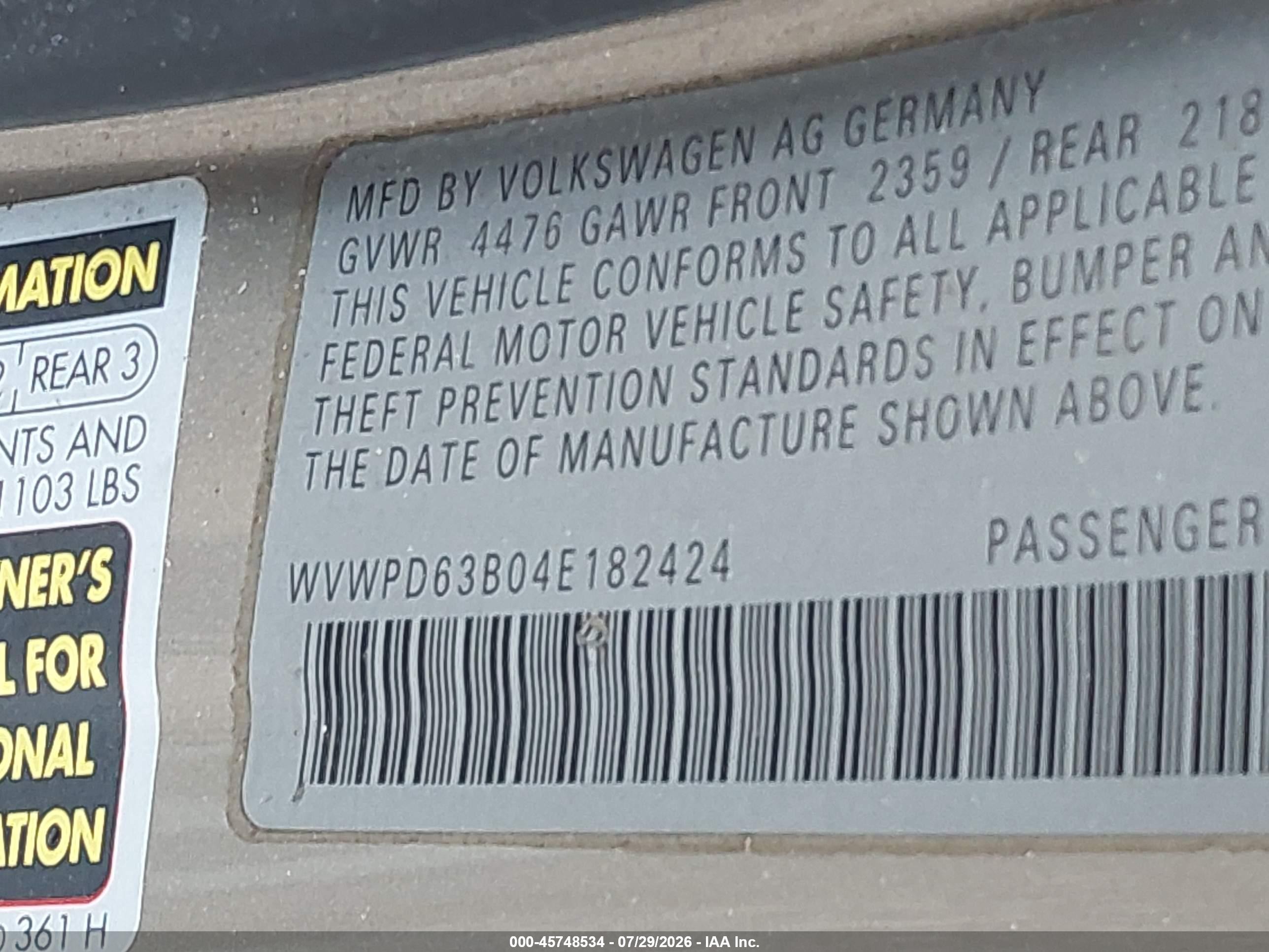 2004 Volkswagen Passat Gls Tan vin: WVWPD63B04E182424