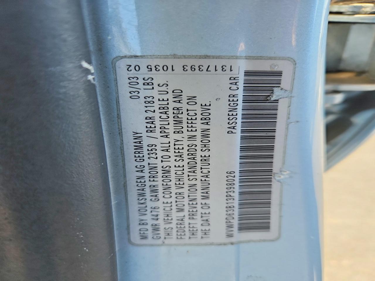 2003 Volkswagen Passat Gls Blue vin: WVWPD63B13P398026