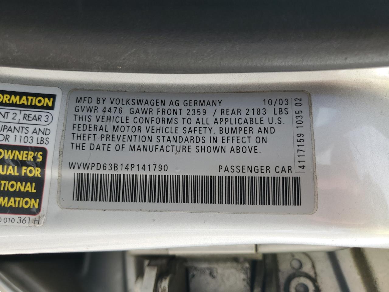 2004 Volkswagen Passat Gls Белый vin: WVWPD63B14P141790