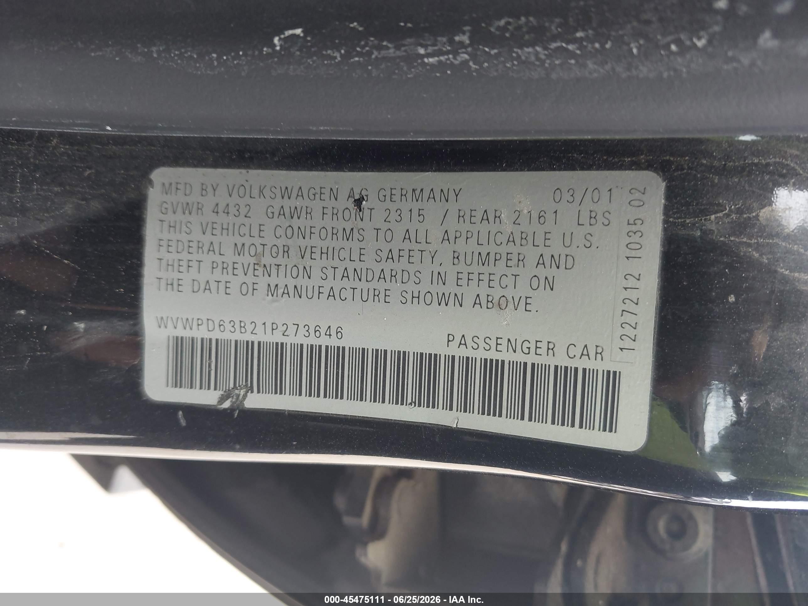 2001 Volkswagen Passat Gls Black vin: WVWPD63B21P273646