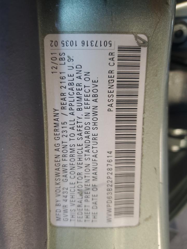 2002 Volkswagen Passat Gls Green vin: WVWPD63B22P287614