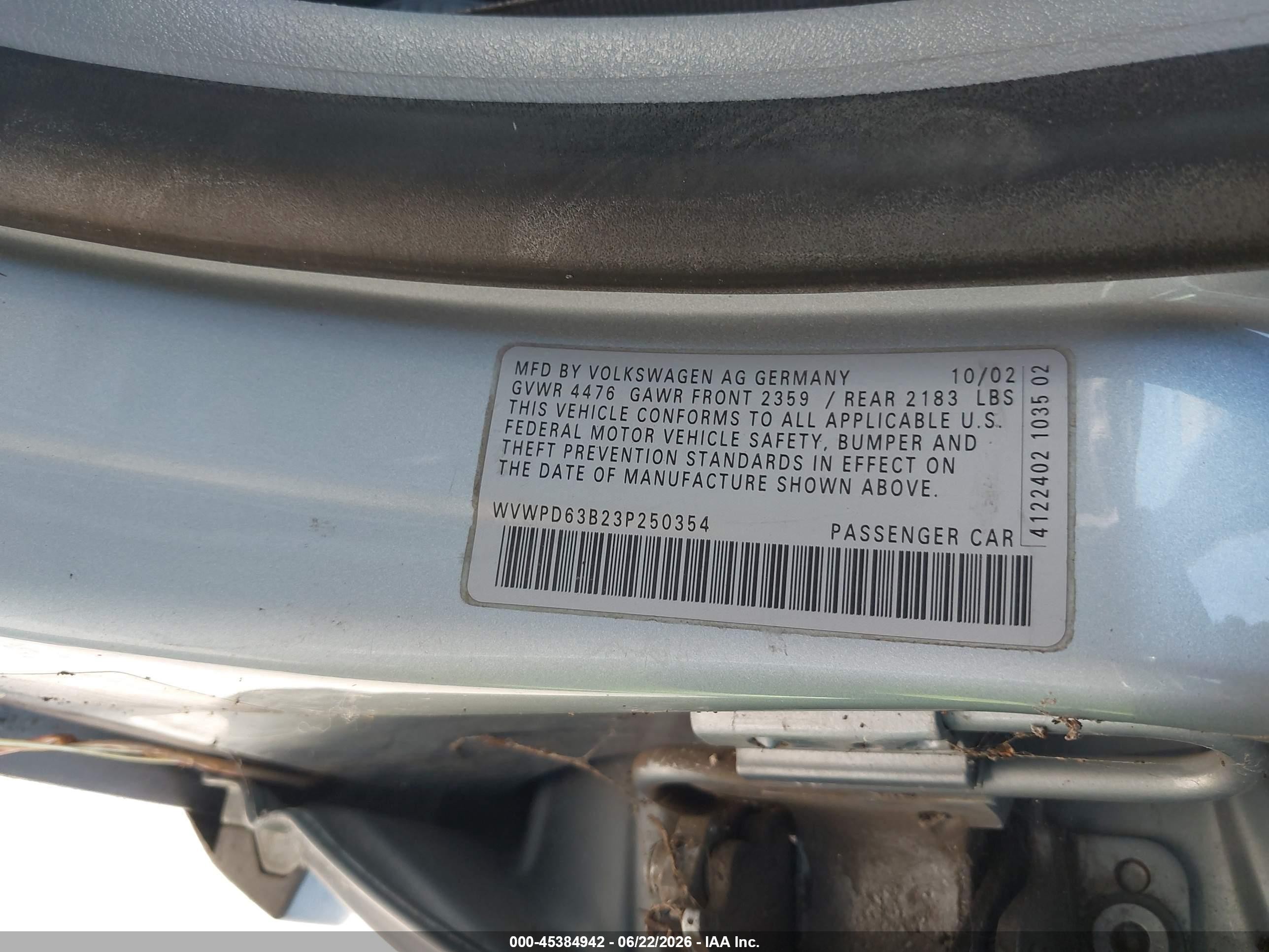 2003 Volkswagen Passat Gls Light Blue vin: WVWPD63B23P250354