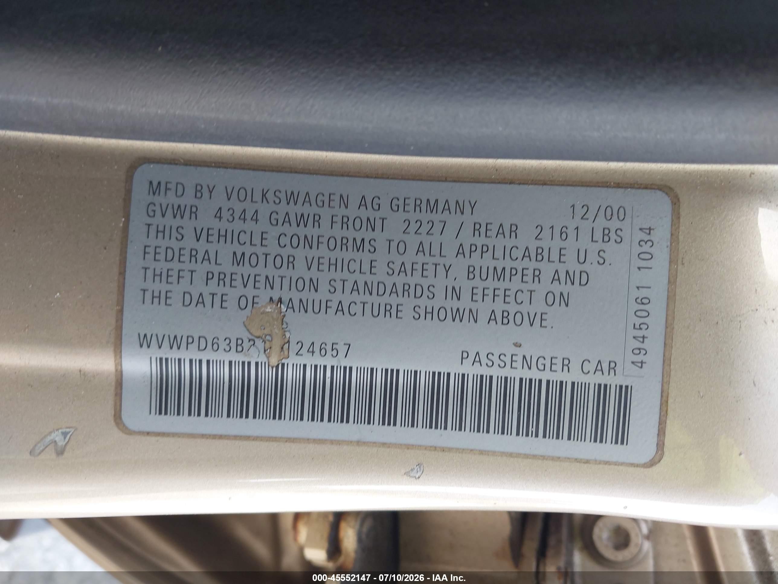 2001 Volkswagen Passat Gls Tan vin: WVWPD63B31E124657