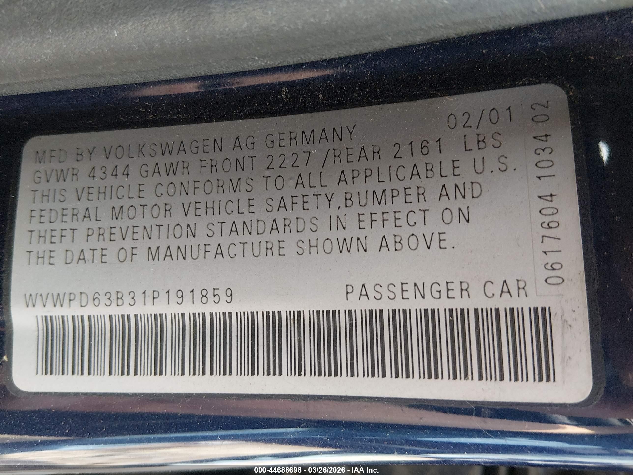 2001 Volkswagen Passat Gls Blue vin: WVWPD63B31P191859