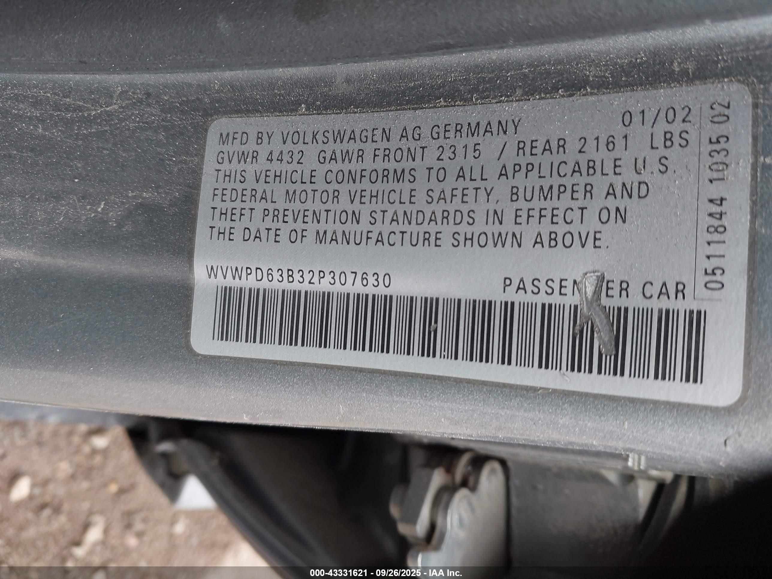 2002 Volkswagen Passat Gls Gray vin: WVWPD63B32P307630
