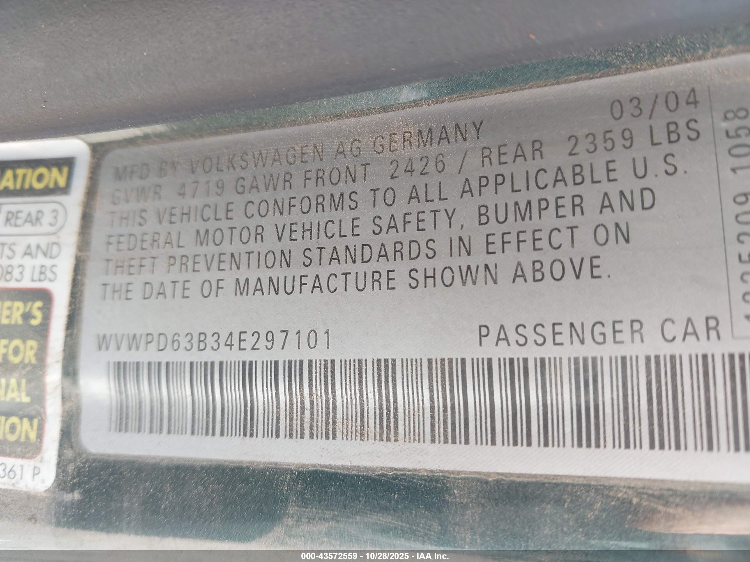 2004 Volkswagen Passat Gls Green vin: WVWPD63B34E297101