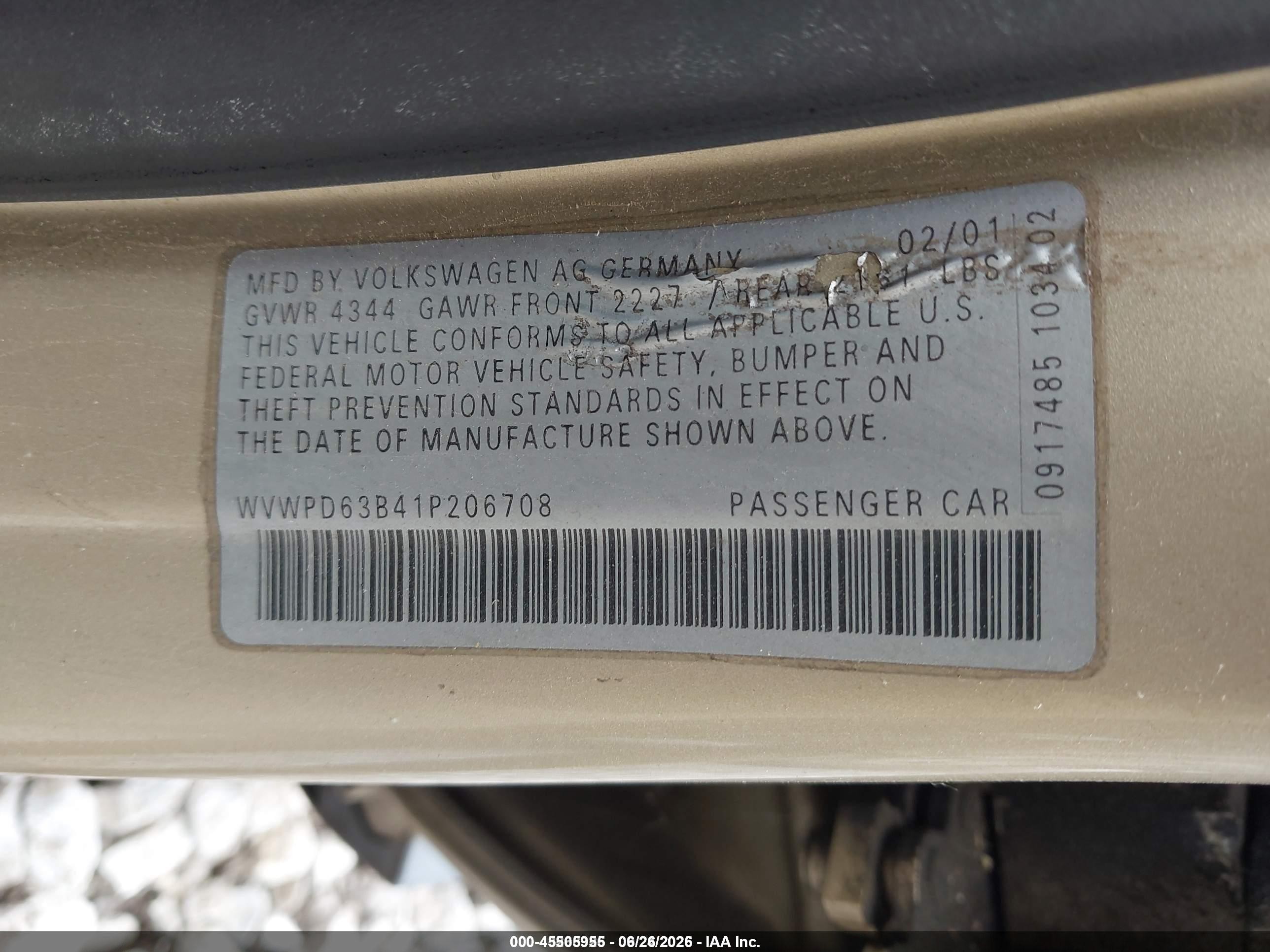 2001 Volkswagen Passat Gls Gold vin: WVWPD63B41P206708